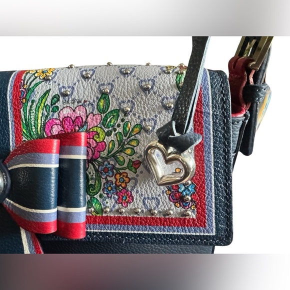 Brighton FASHION LUX BAGUETTE Navy Floral Leather Bow Handbag W/ Studs - Picture 13 of 15